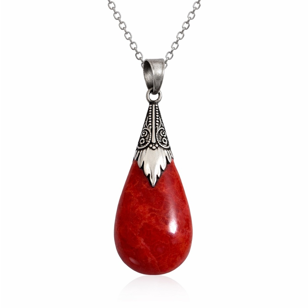 RED, POSSIBLY SPONGE CORAL TEARDROP PENDANT AND 18” STAINLESS STEEL CHAIN
